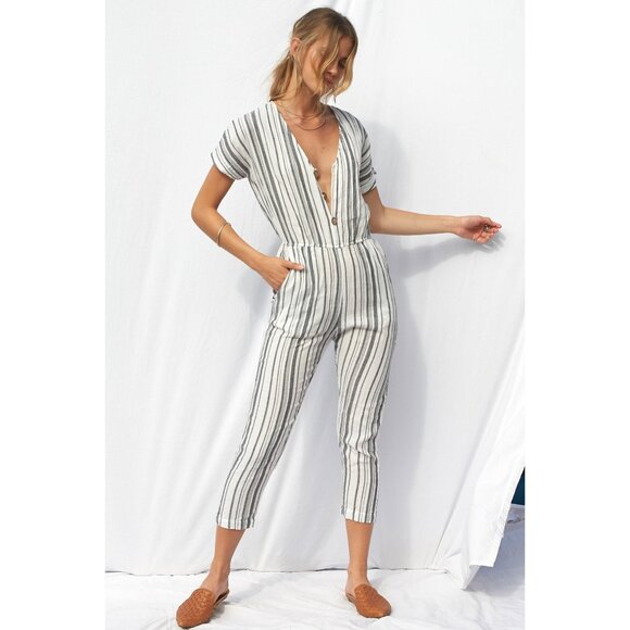 Free People Pants - Jens Pirate Booty X Free People Ivory & Charcoal Striped Casual Boho Jumpsuit